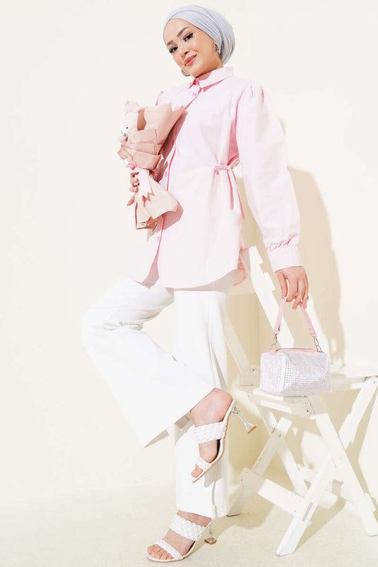 Chemise basique avec liens latéraux en corde rose