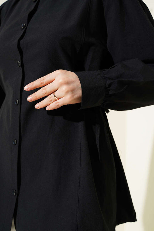 Yanları İp Bağcıklı Basic Gömlek Siyah