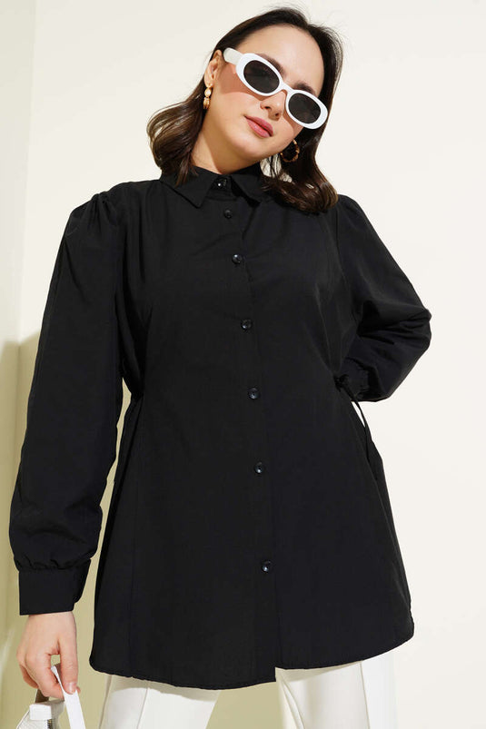 Yanları İp Bağcıklı Basic Gömlek Siyah