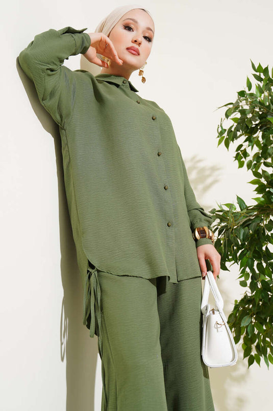 Yanları İp Detaylı İkili Takım Haki