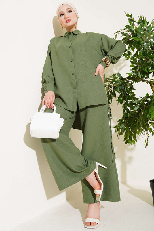 Yanları İp Detaylı İkili Takım Haki