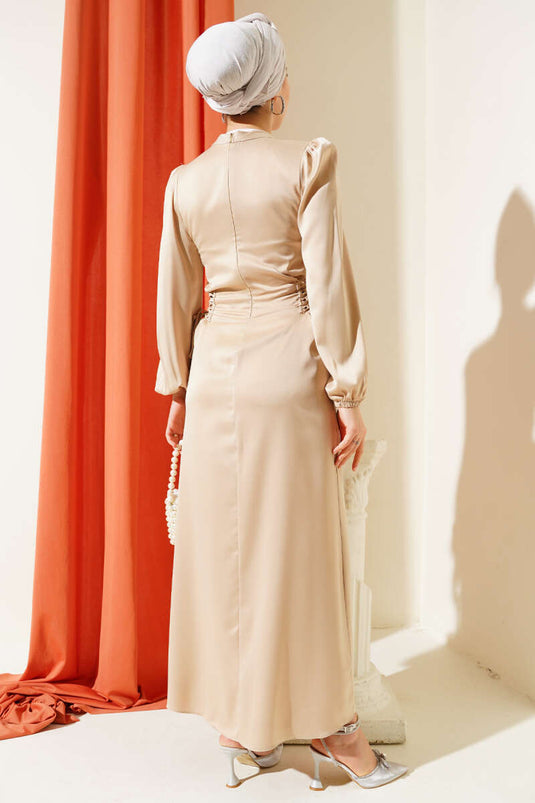 Yanları İp Detaylı Saten Elbise Bal Köpüğü