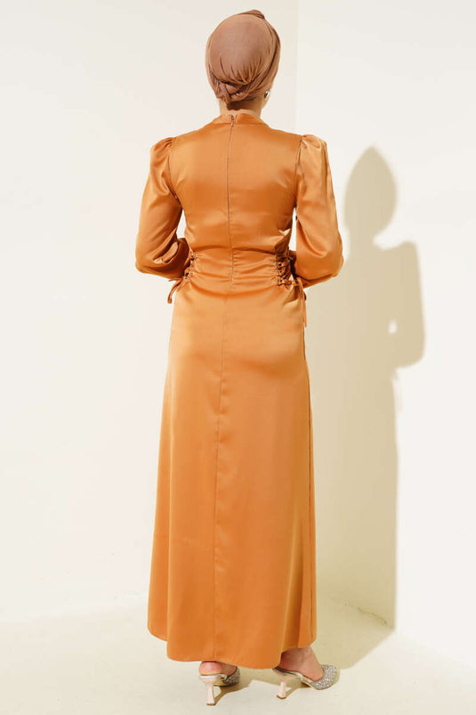 Satin Dress Camel with Side Rope Detail