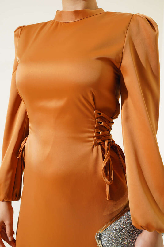Satin Dress Camel with Side Rope Detail