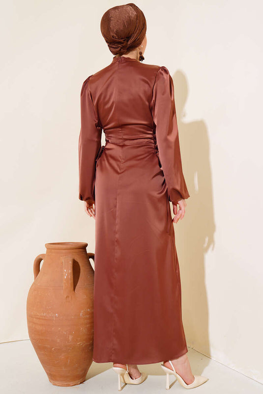 Satin Dress with Side Rope Detail Brown