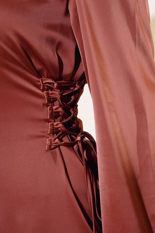 Satin Dress with Side Rope Detail Brown