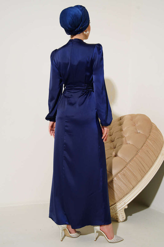 Yanları İp Detaylı Saten Elbise Lacivert