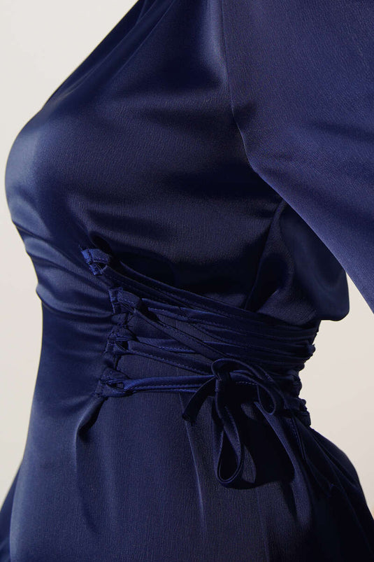 Yanları İp Detaylı Saten Elbise Lacivert