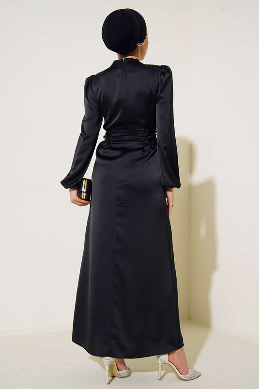 Yanları İp Detaylı Saten Elbise Siyah