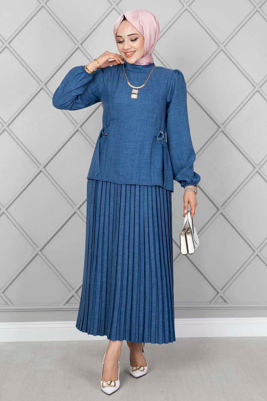 Ensemble double hijab avec ceinture latérale Indigo