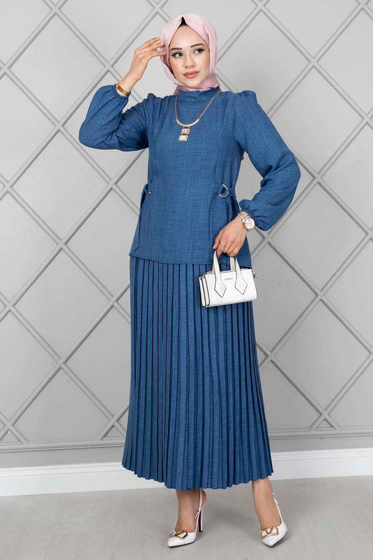 Ensemble double hijab avec ceinture latérale Indigo