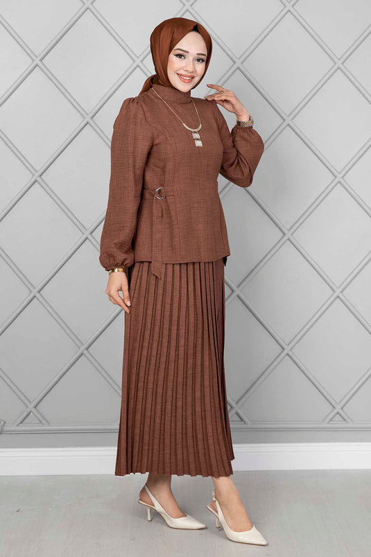 Ensemble double hijab avec ceinture latérale marron