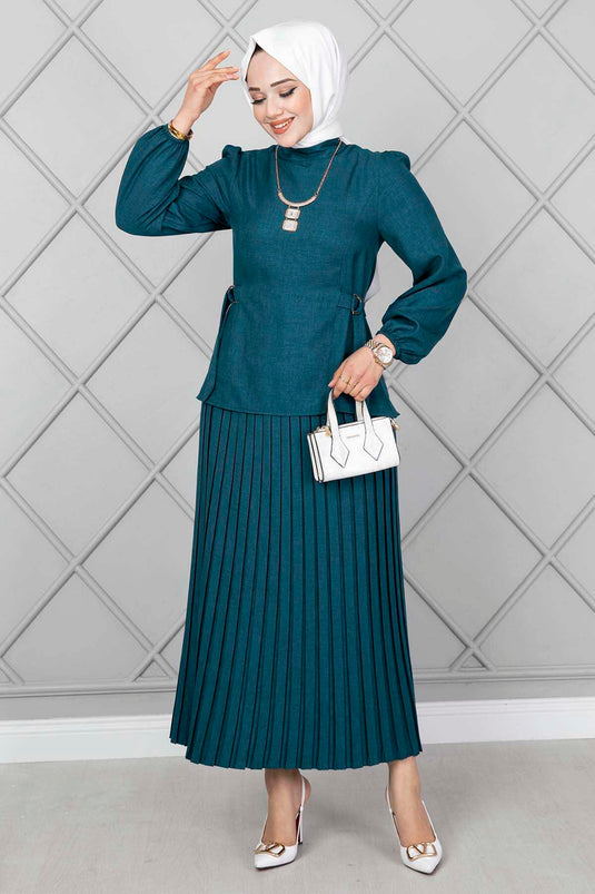 Yanları Kemerli Tesettür İkili Takım Petrol