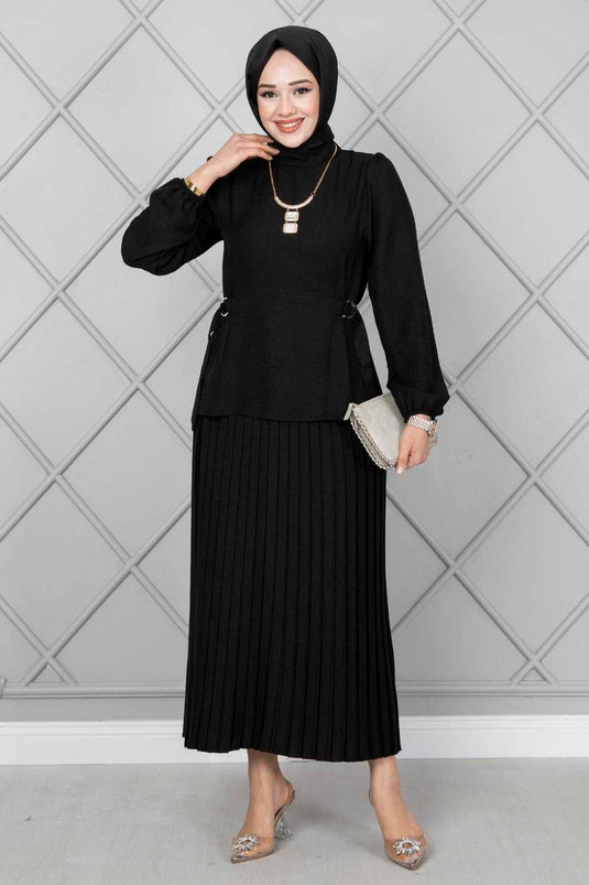 Yanları Kemerli Tesettür İkili Takım Siyah