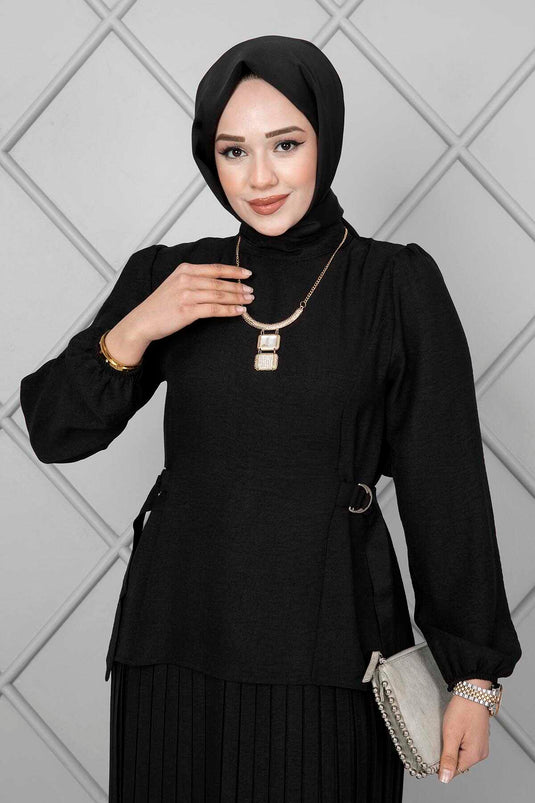 Yanları Kemerli Tesettür İkili Takım Siyah