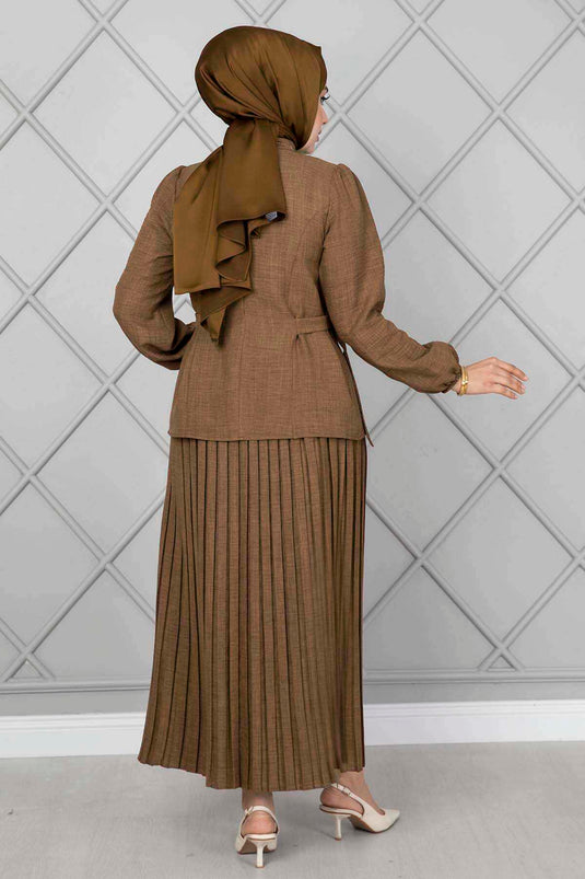 Yanları Kemerli Tesettür İkili Takım Tütün
