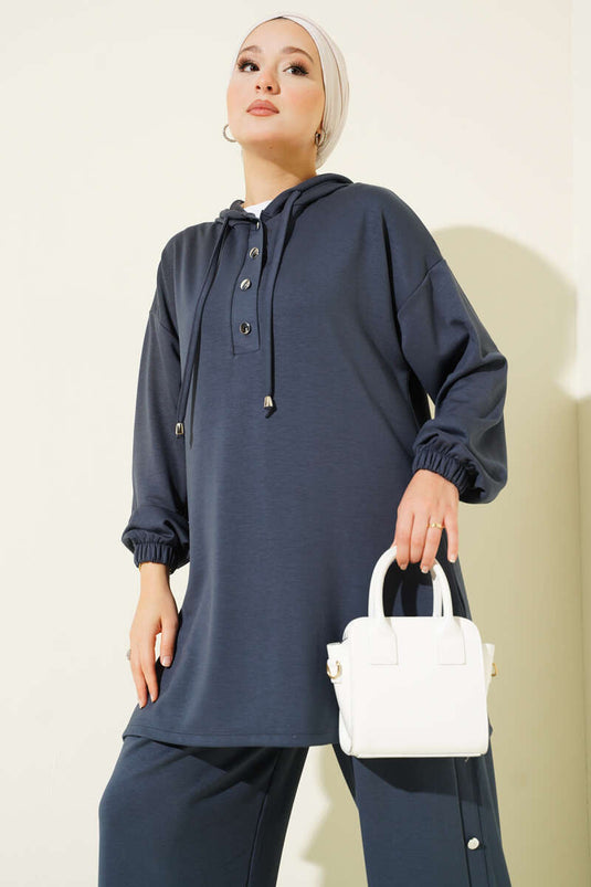 Zweiteiliges Kapuzen-Set mit Metallknöpfen an den Seiten, Rauchgrau