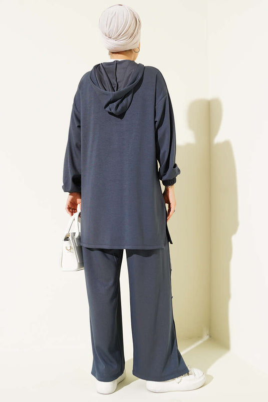 Zweiteiliges Kapuzen-Set mit Metallknöpfen an den Seiten, Rauchgrau