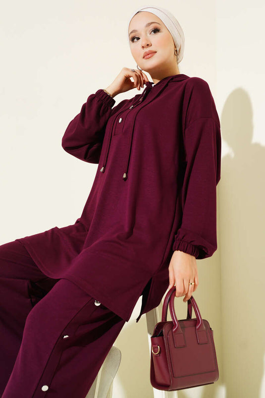 Zweiteiliges Kapuzen-Set mit Metallknöpfen an den Seiten, Pflaume