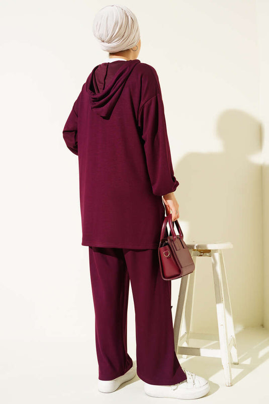 Zweiteiliges Kapuzen-Set mit Metallknöpfen an den Seiten, Pflaume