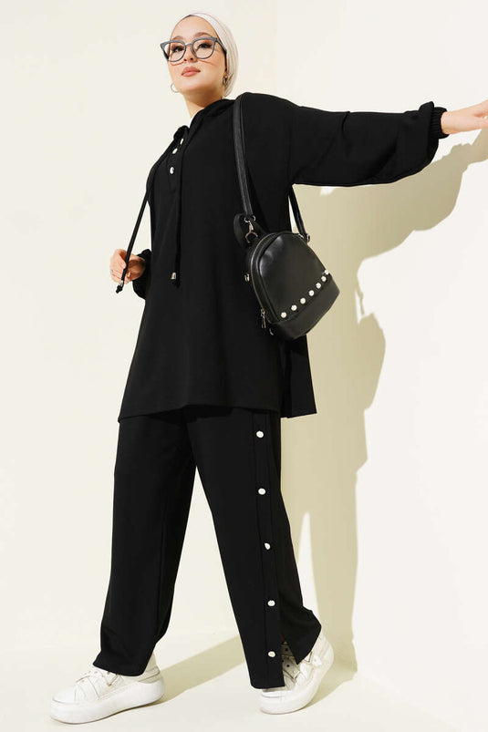 Hooded Two-Piece Set with Metal Buttons on the Sides, Black