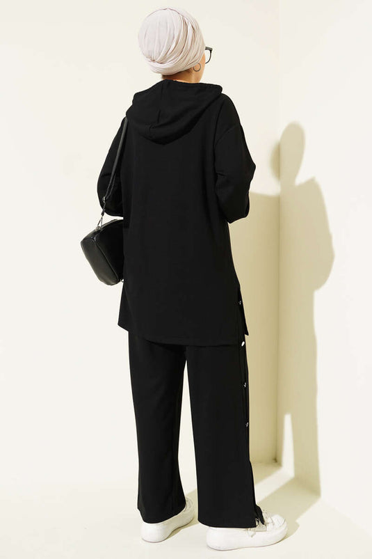 Hooded Two-Piece Set with Metal Buttons on the Sides, Black