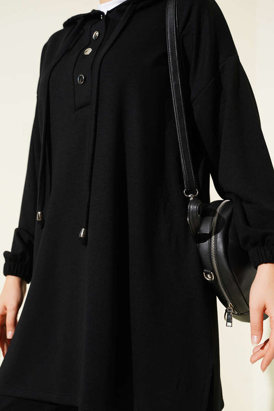 Hooded Two-Piece Set with Metal Buttons on the Sides, Black