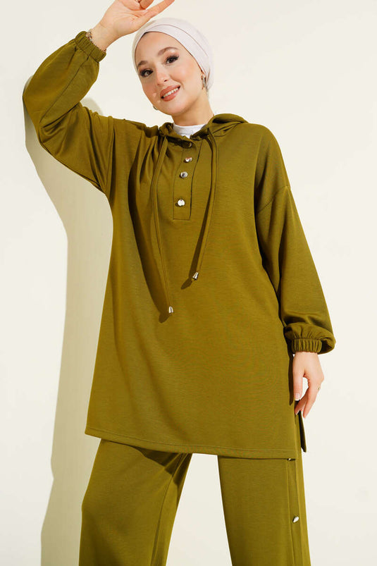 Two-Piece Hooded Set with Metal Buttons on the Sides, Olive Green
