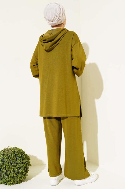 Two-Piece Hooded Set with Metal Buttons on the Sides, Olive Green