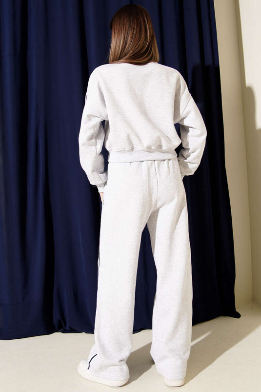 Yanları Şeritli Üç İplik Sweatli İkili Takım Melanj Gri