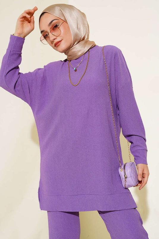 Yanları Yırtmaçlı Bürümcük İkili Takım Lila