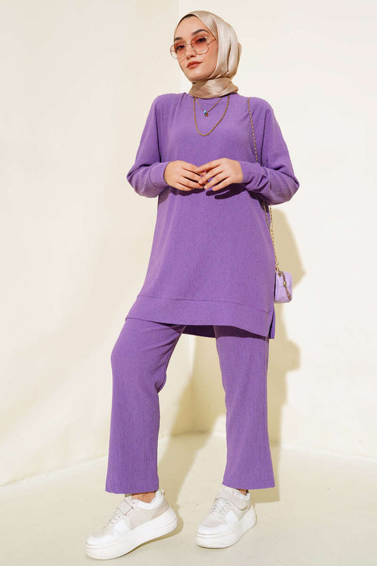 Yanları Yırtmaçlı Bürümcük İkili Takım Lila