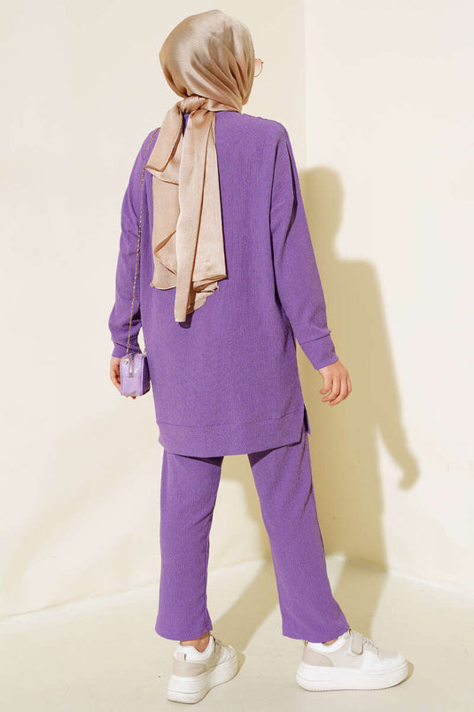 Yanları Yırtmaçlı Bürümcük İkili Takım Lila