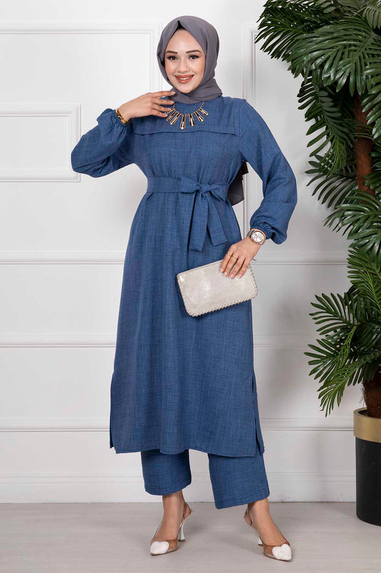 Yanları Yırtmaçlı İkili Tesettür Takım İndigo
