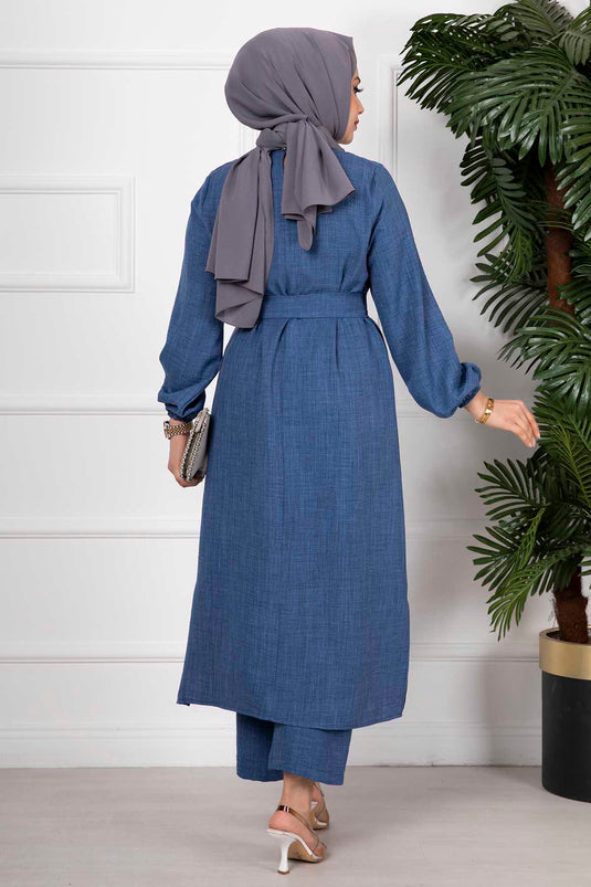 Yanları Yırtmaçlı İkili Tesettür Takım İndigo