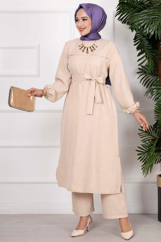 Side Slit Double Hijab Set Cream