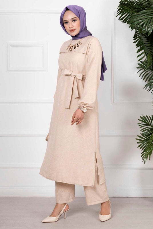 Side Slit Double Hijab Set Cream