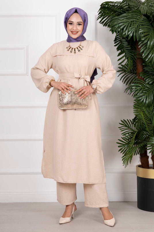 Side Slit Double Hijab Set Cream