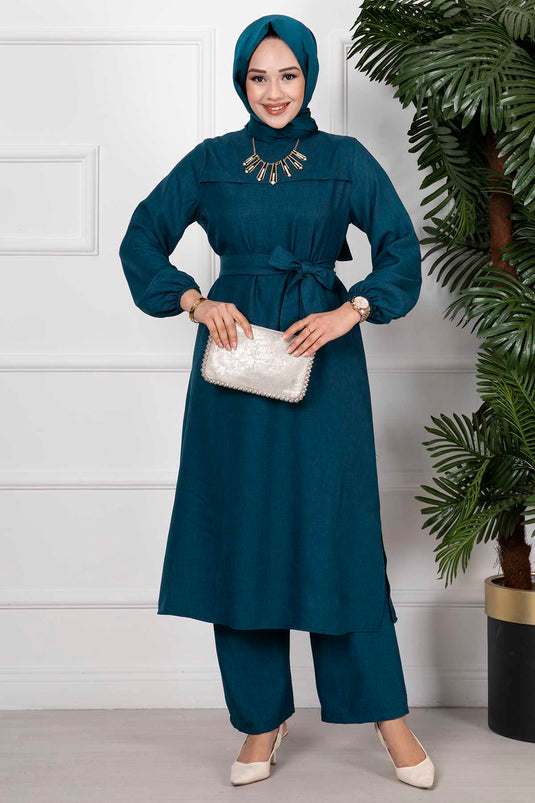 Yanları Yırtmaçlı İkili Tesettür Takım Petrol