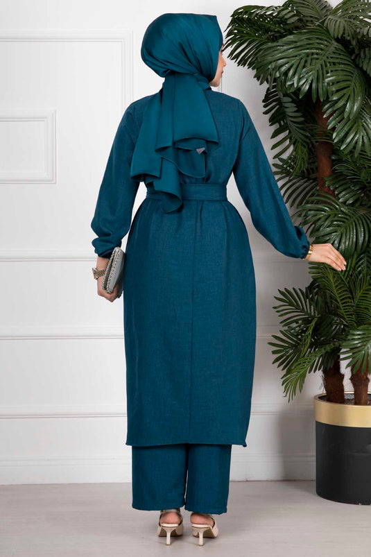 Yanları Yırtmaçlı İkili Tesettür Takım Petrol