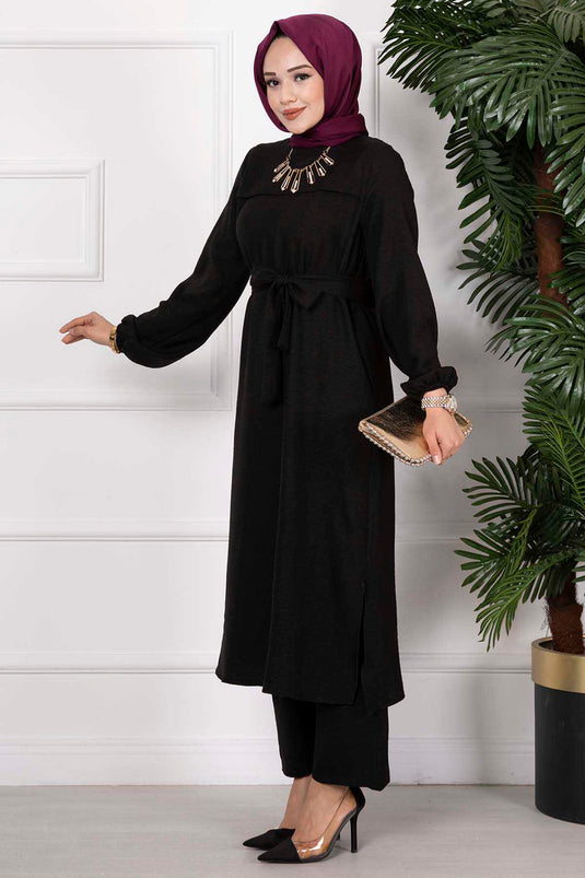 Side Slit Double Hijab Set Black