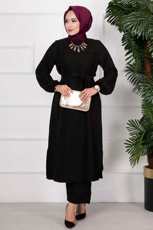 Side Slit Double Hijab Set Black