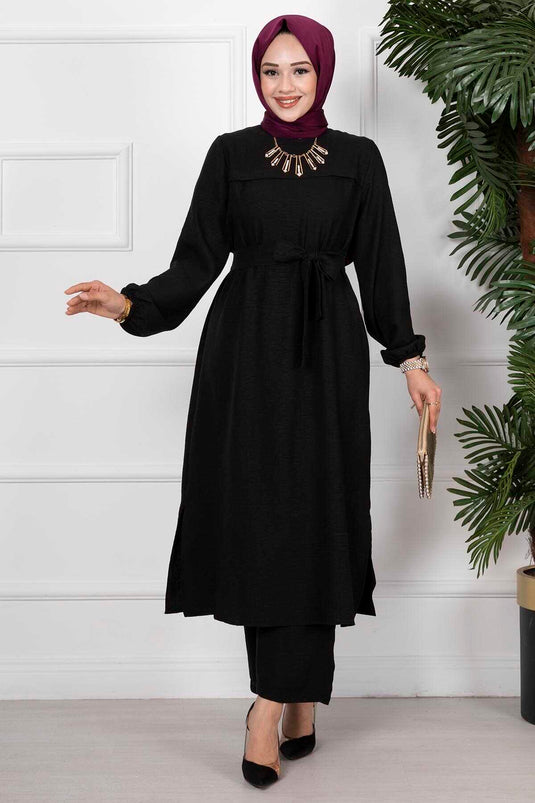 Side Slit Double Hijab Set Black