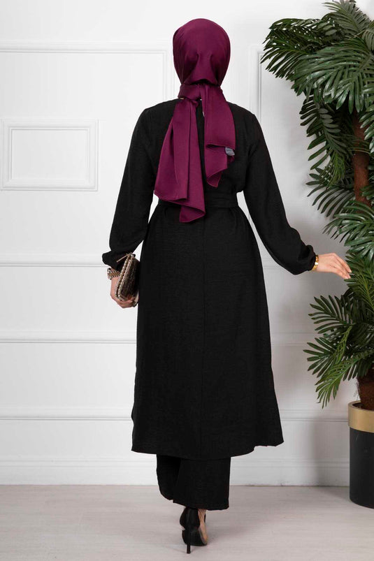 Side Slit Double Hijab Set Black