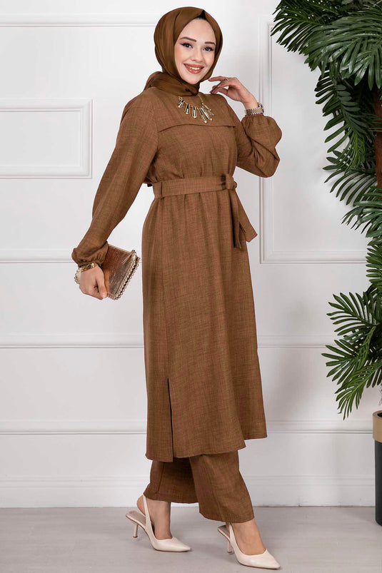 Side Slit Double Hijab Set Tobacco