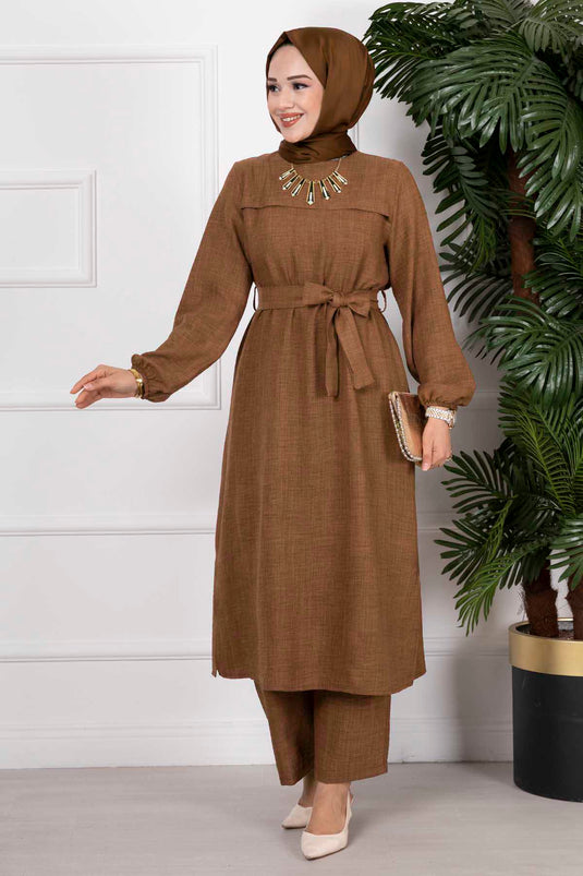 Side Slit Double Hijab Set Tobacco