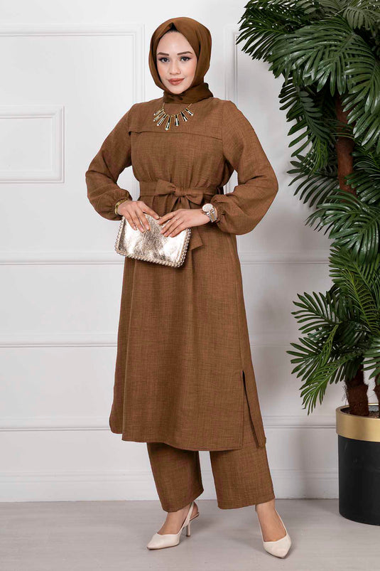 Side Slit Double Hijab Set Tobacco