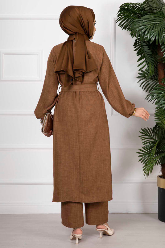 Side Slit Double Hijab Set Tobacco