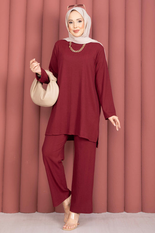 Yanları Yırtmaçlı Tunik Pantolon Takım Bordo