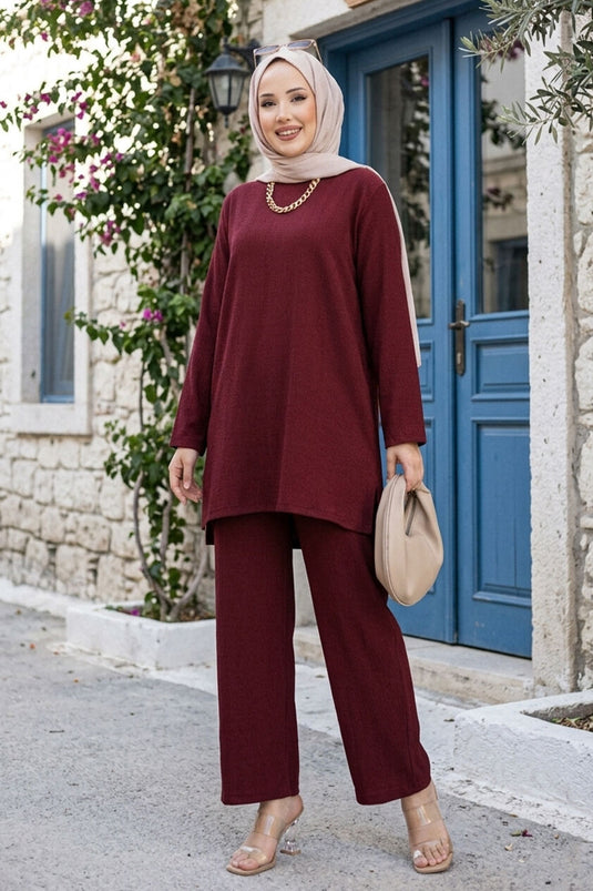 Yanları Yırtmaçlı Tunik Pantolon Takım Bordo